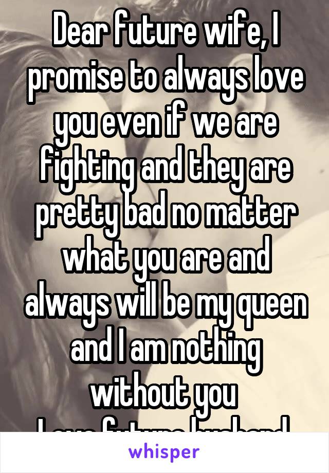 Dear future wife, I promise to always love you even if we are fighting and they are pretty bad no matter what you are and always will be my queen and I am nothing without you 
Love future husband 