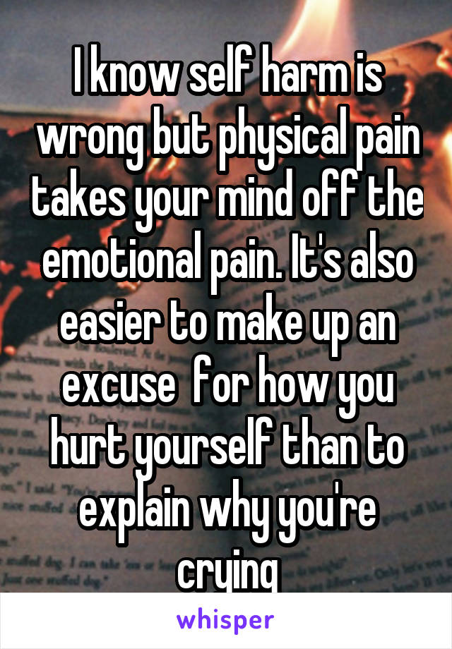 I know self harm is wrong but physical pain takes your mind off the emotional pain. It's also easier to make up an excuse  for how you hurt yourself than to explain why you're crying