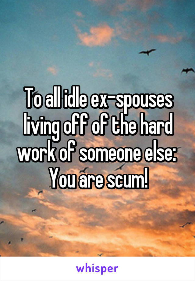 To all idle ex-spouses living off of the hard work of someone else: 
You are scum!