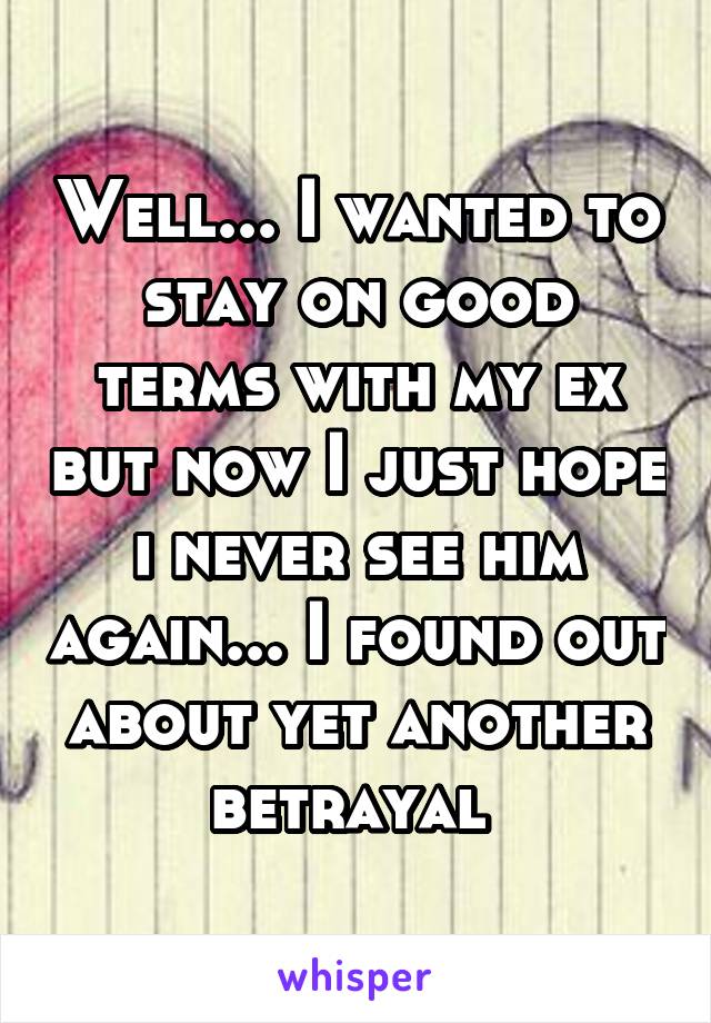 Well... I wanted to stay on good terms with my ex but now I just hope i never see him again... I found out about yet another betrayal 