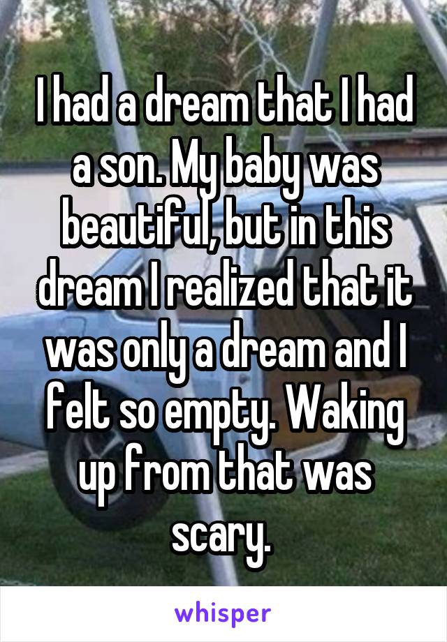 I had a dream that I had a son. My baby was beautiful, but in this dream I realized that it was only a dream and I felt so empty. Waking up from that was scary. 
