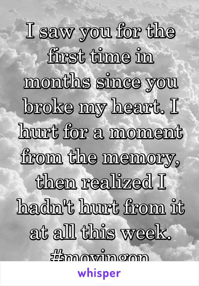 I saw you for the first time in months since you broke my heart. I hurt for a moment from the memory, then realized I hadn't hurt from it at all this week.
#movingon