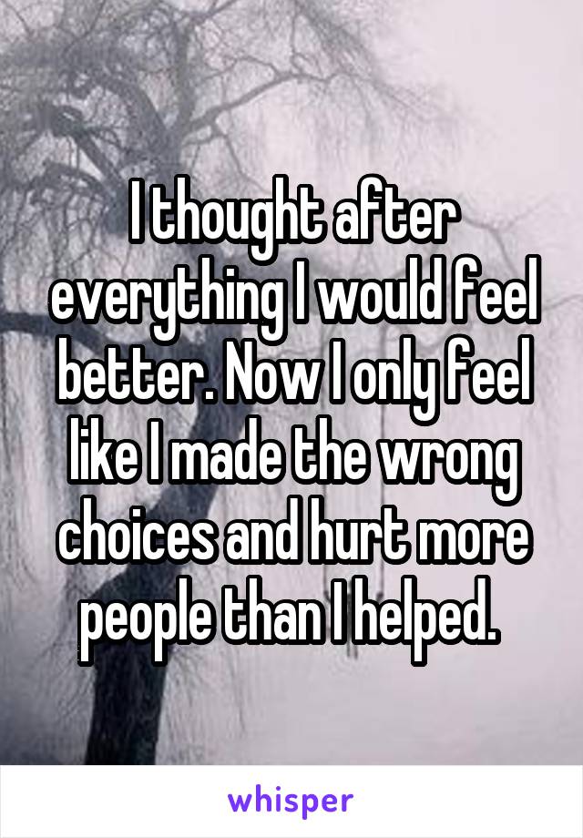 I thought after everything I would feel better. Now I only feel like I made the wrong choices and hurt more people than I helped. 