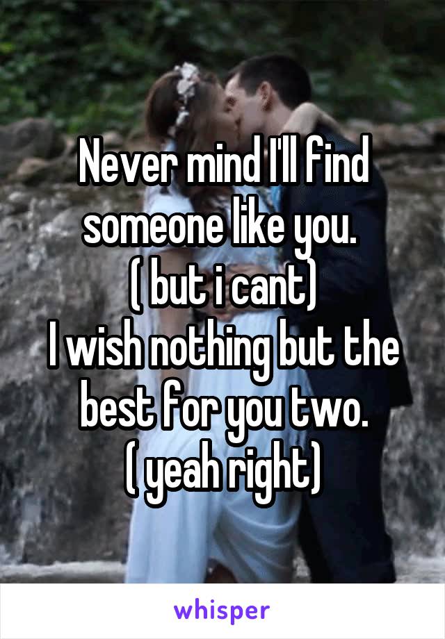 
Never mind I'll find someone like you. 
( but i cant)
I wish nothing but the best for you two.
( yeah right)