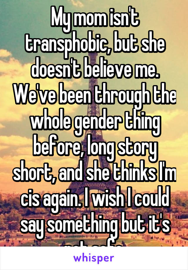 My mom isn't transphobic, but she doesn't believe me. We've been through the whole gender thing before, long story short, and she thinks I'm cis again. I wish I could say something but it's not safe.