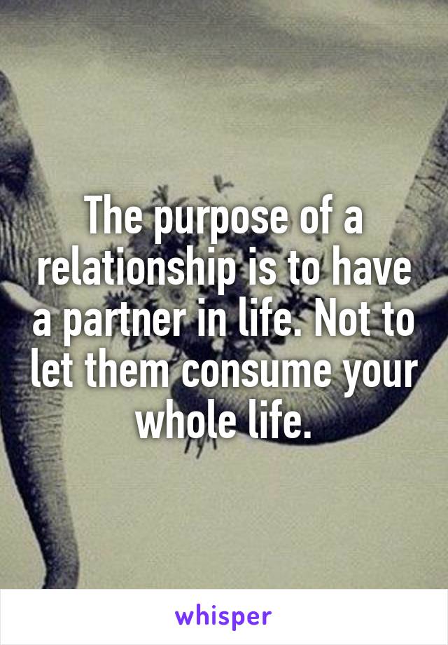 The purpose of a relationship is to have a partner in life. Not to let them consume your whole life.
