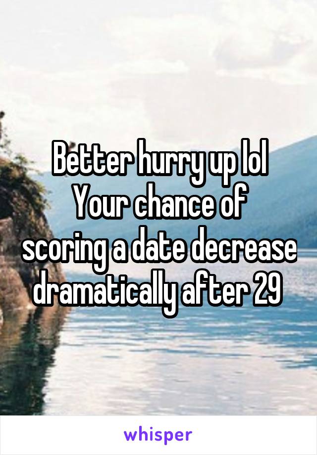 Better hurry up lol
Your chance of scoring a date decrease dramatically after 29 
