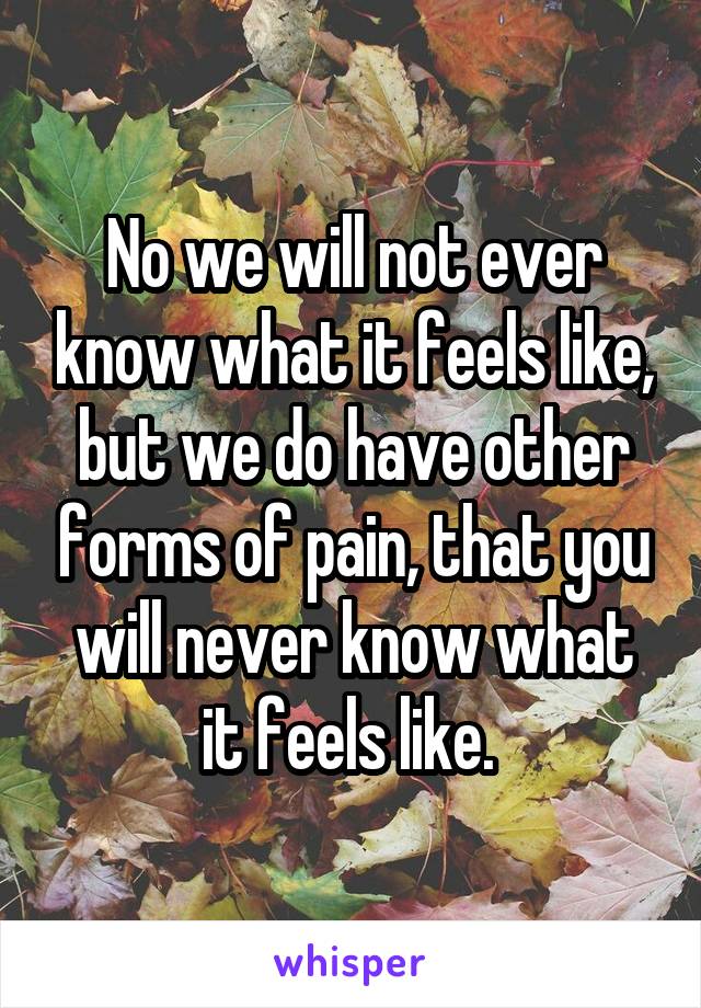 No we will not ever know what it feels like, but we do have other forms of pain, that you will never know what it feels like. 