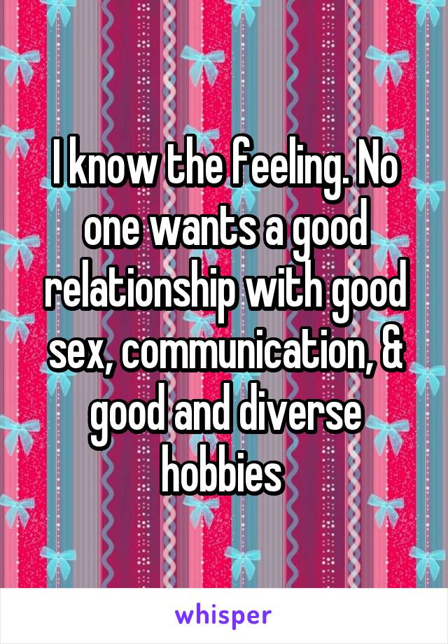 I know the feeling. No one wants a good relationship with good sex, communication, & good and diverse hobbies 