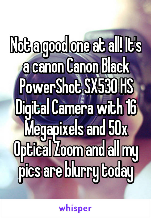 Not a good one at all! It's a canon Canon Black PowerShot SX530 HS Digital Camera with 16 Megapixels and 50x Optical Zoom and all my pics are blurry today