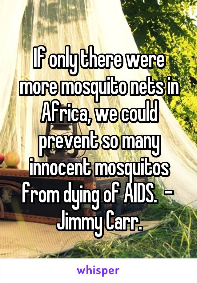 If only there were more mosquito nets in Africa, we could prevent so many innocent mosquitos from dying of AIDS.  -  Jimmy Carr.