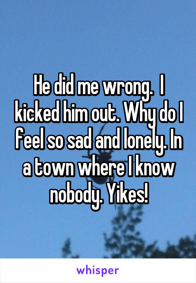 He did me wrong.  I kicked him out. Why do I feel so sad and lonely. In a town where I know nobody. Yikes!