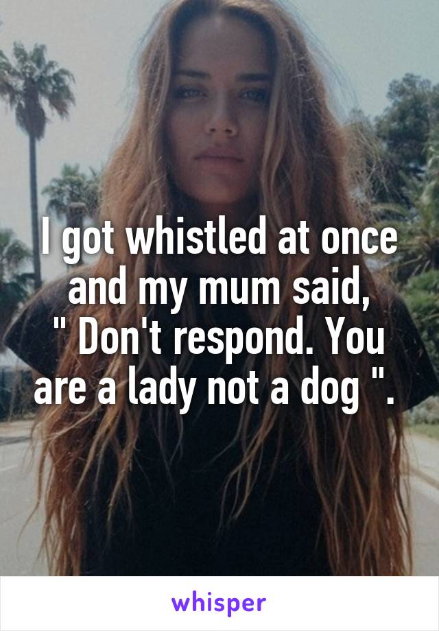 I got whistled at once and my mum said,
" Don't respond. You are a lady not a dog ". 