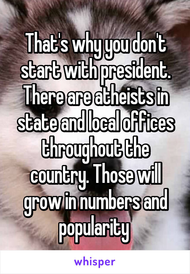 That's why you don't start with president. There are atheists in state and local offices throughout the country. Those will grow in numbers and popularity 