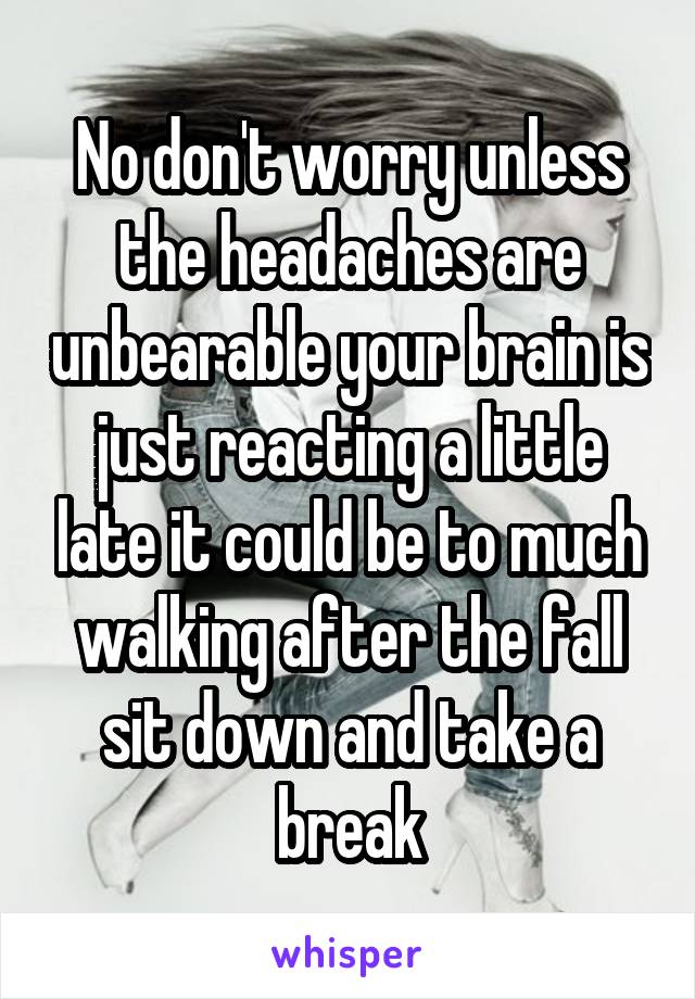 No don't worry unless the headaches are unbearable your brain is just reacting a little late it could be to much walking after the fall sit down and take a break