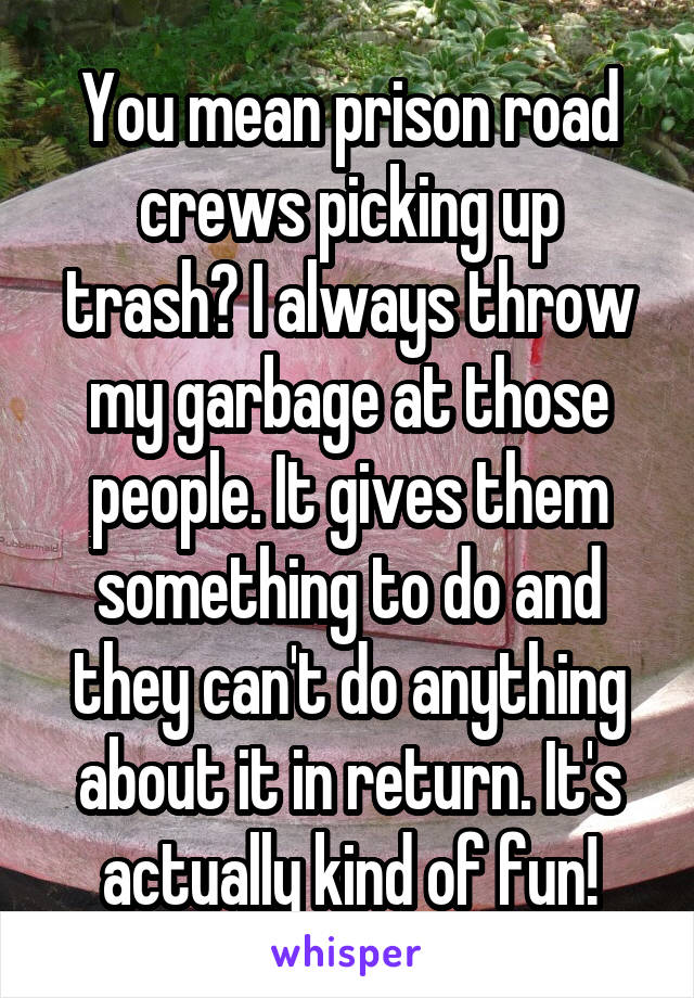 You mean prison road crews picking up trash? I always throw my garbage at those people. It gives them something to do and they can't do anything about it in return. It's actually kind of fun!