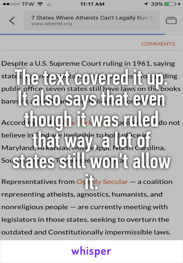 The text covered it up. It also says that even though it was ruled that way, a lot of states still won't allow it.