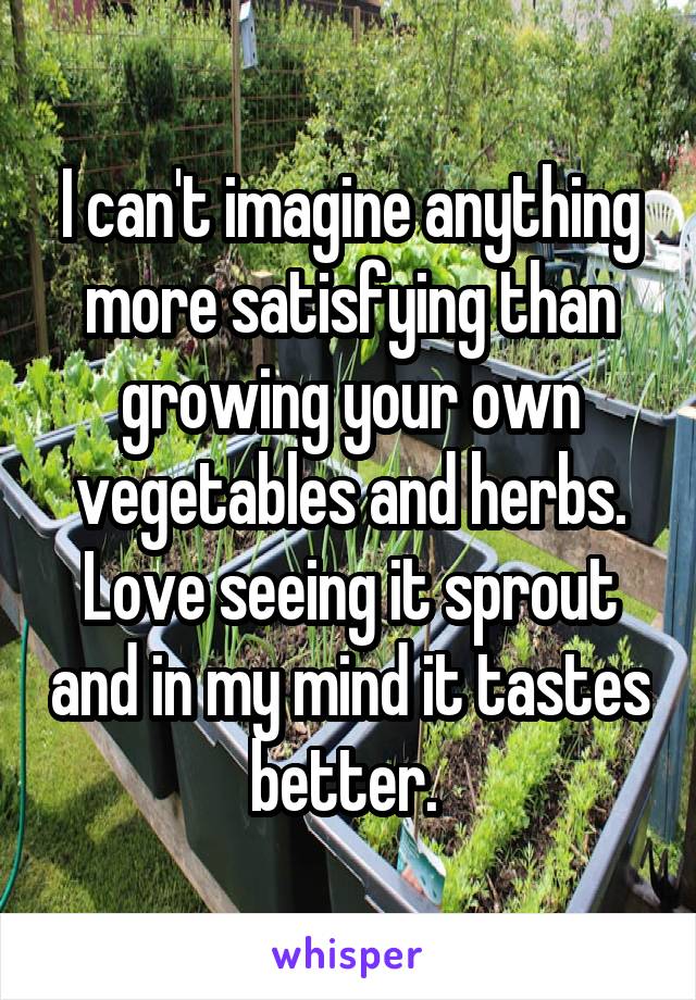 I can't imagine anything more satisfying than growing your own vegetables and herbs. Love seeing it sprout and in my mind it tastes better. 