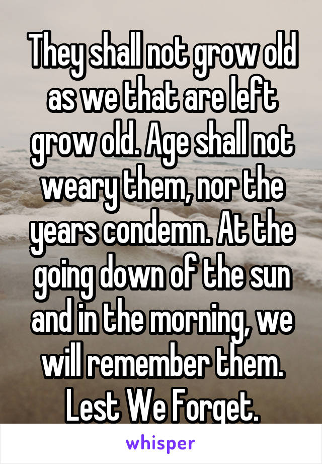 They shall not grow old as we that are left grow old. Age shall not weary them, nor the years condemn. At the going down of the sun and in the morning, we will remember them.
Lest We Forget.