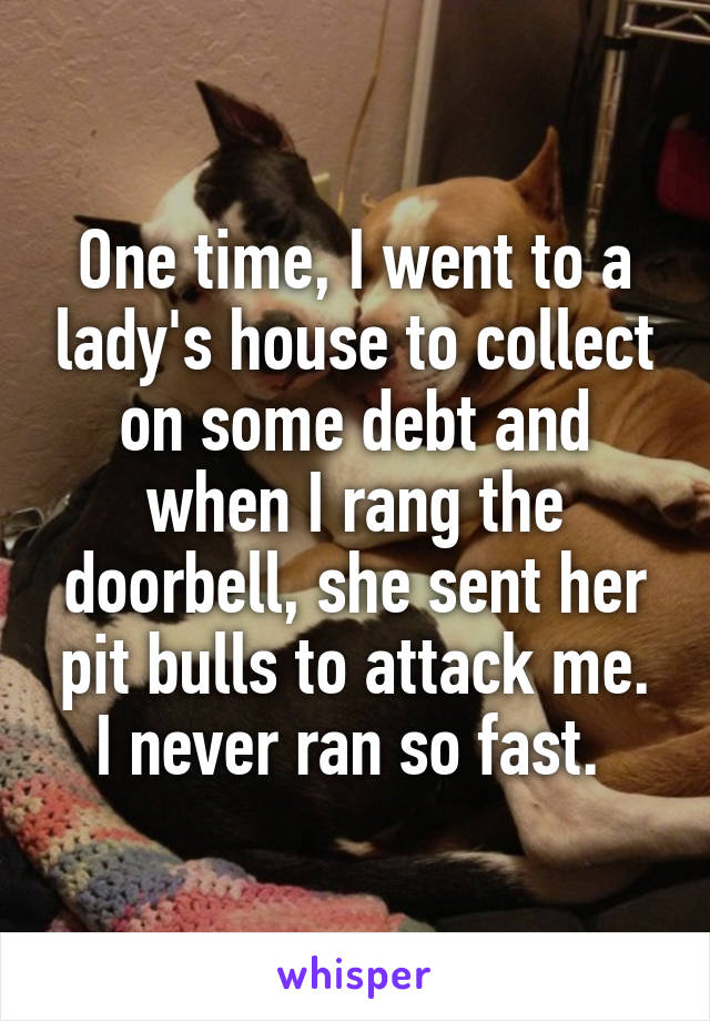 One time, I went to a lady's house to collect on some debt and when I rang the doorbell, she sent her pit bulls to attack me. I never ran so fast. 