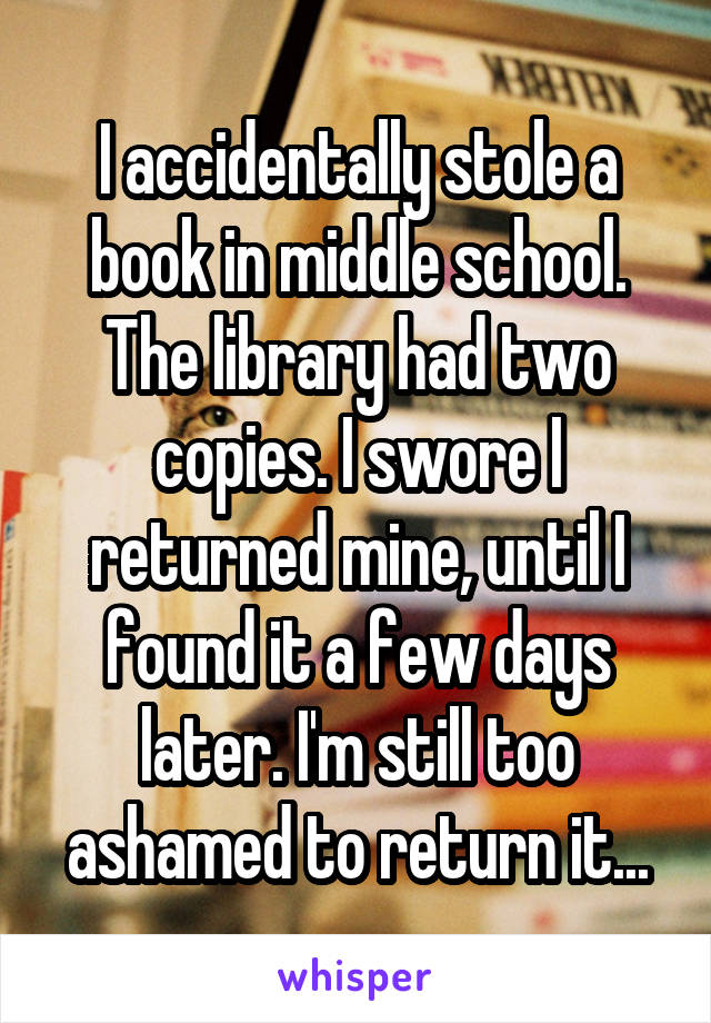 I accidentally stole a book in middle school. The library had two copies. I swore I returned mine, until I found it a few days later. I'm still too ashamed to return it...