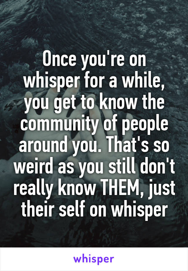 Once you're on whisper for a while, you get to know the community of people around you. That's so weird as you still don't really know THEM, just their self on whisper