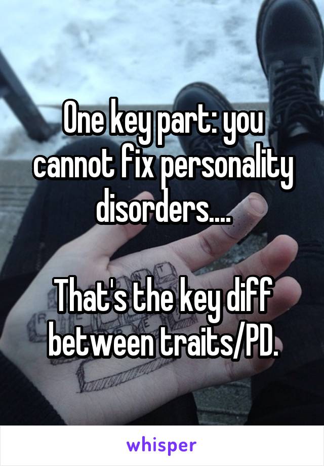 One key part: you cannot fix personality disorders....

That's the key diff between traits/PD.