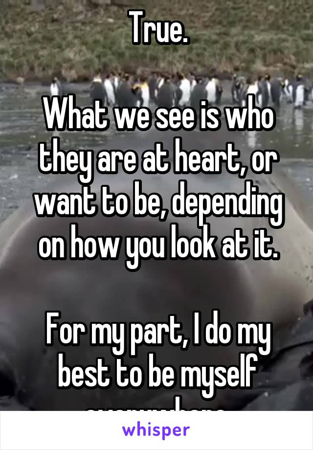 True.

What we see is who they are at heart, or want to be, depending on how you look at it.

For my part, I do my best to be myself everywhere.