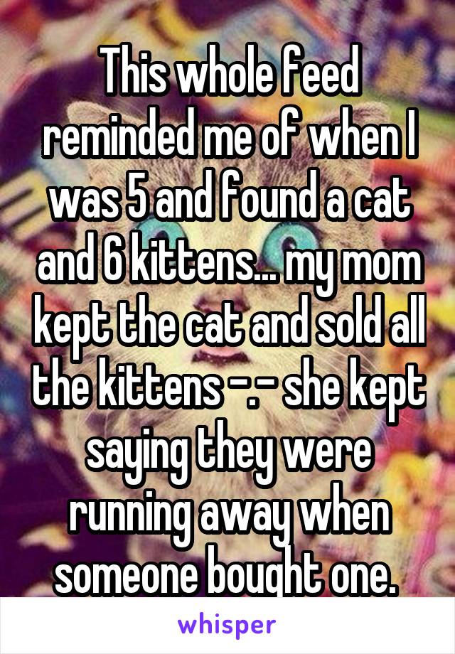 This whole feed reminded me of when I was 5 and found a cat and 6 kittens... my mom kept the cat and sold all the kittens -.- she kept saying they were running away when someone bought one. 