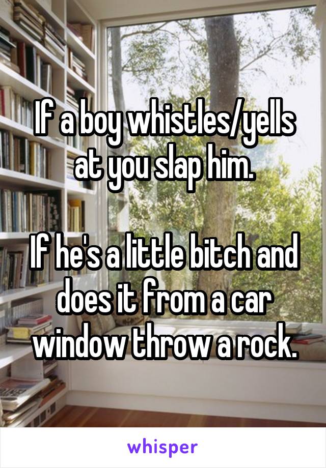 If a boy whistles/yells at you slap him.

If he's a little bitch and does it from a car window throw a rock.