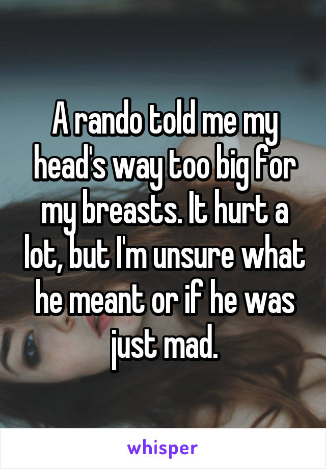 A rando told me my head's way too big for my breasts. It hurt a lot, but I'm unsure what he meant or if he was just mad.