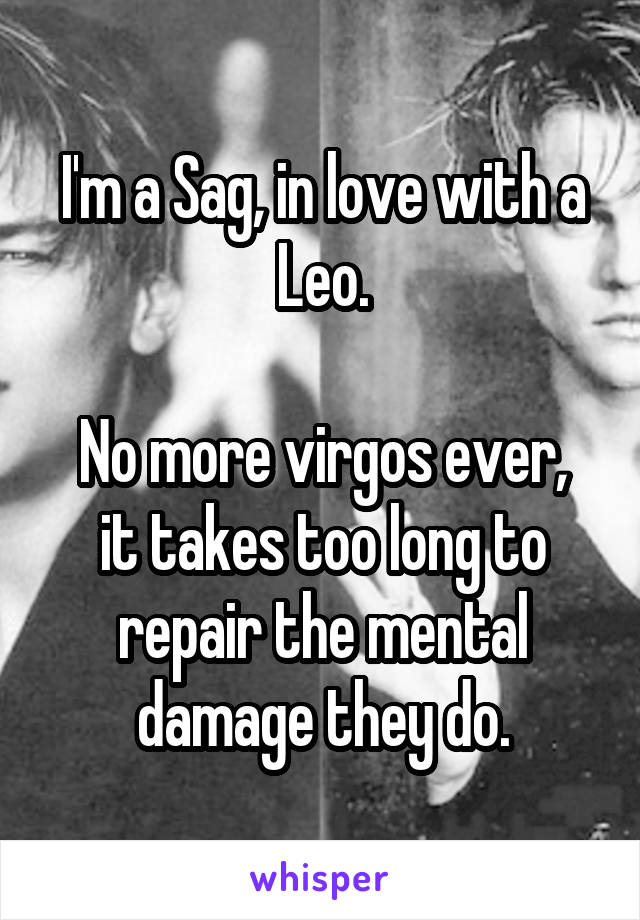I'm a Sag, in love with a Leo.

No more virgos ever, it takes too long to repair the mental damage they do.