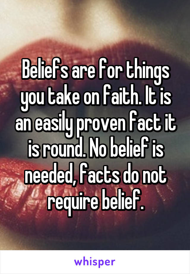 Beliefs are for things you take on faith. It is an easily proven fact it is round. No belief is needed, facts do not require belief.