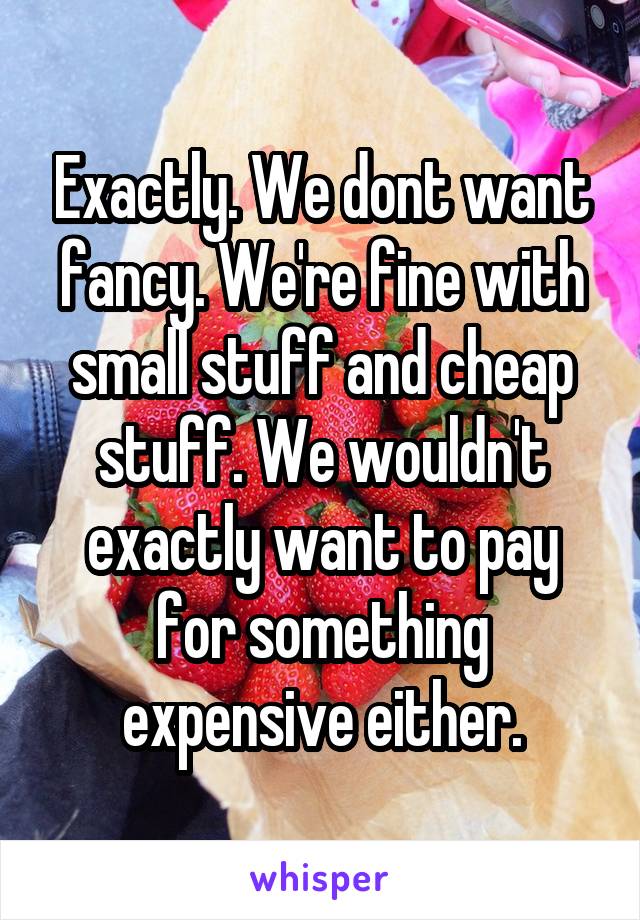 Exactly. We dont want fancy. We're fine with small stuff and cheap stuff. We wouldn't exactly want to pay for something expensive either.