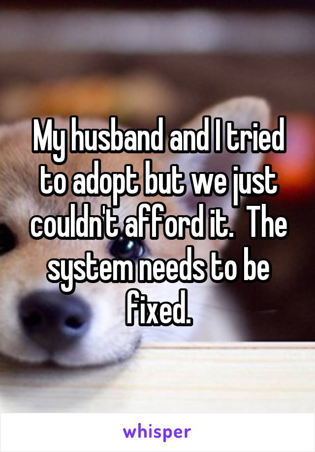 My husband and I tried to adopt but we just couldn't afford it.  The system needs to be fixed.