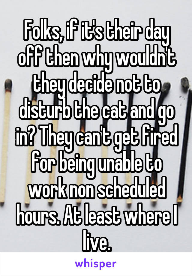 Folks, if it's their day off then why wouldn't they decide not to disturb the cat and go in? They can't get fired for being unable to work non scheduled hours. At least where I live.