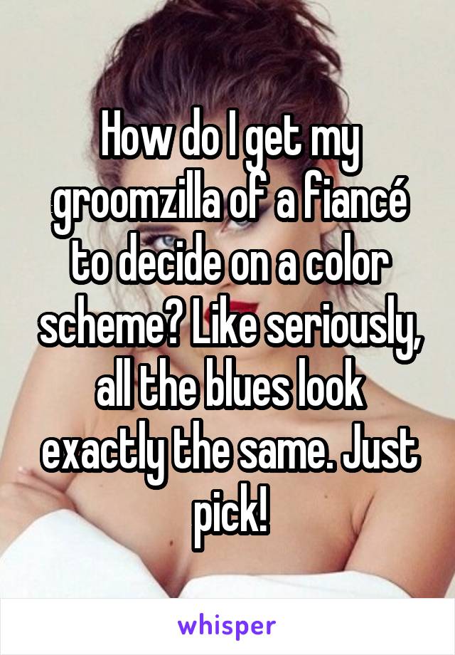 How do I get my groomzilla of a fiancé to decide on a color scheme? Like seriously, all the blues look exactly the same. Just pick!
