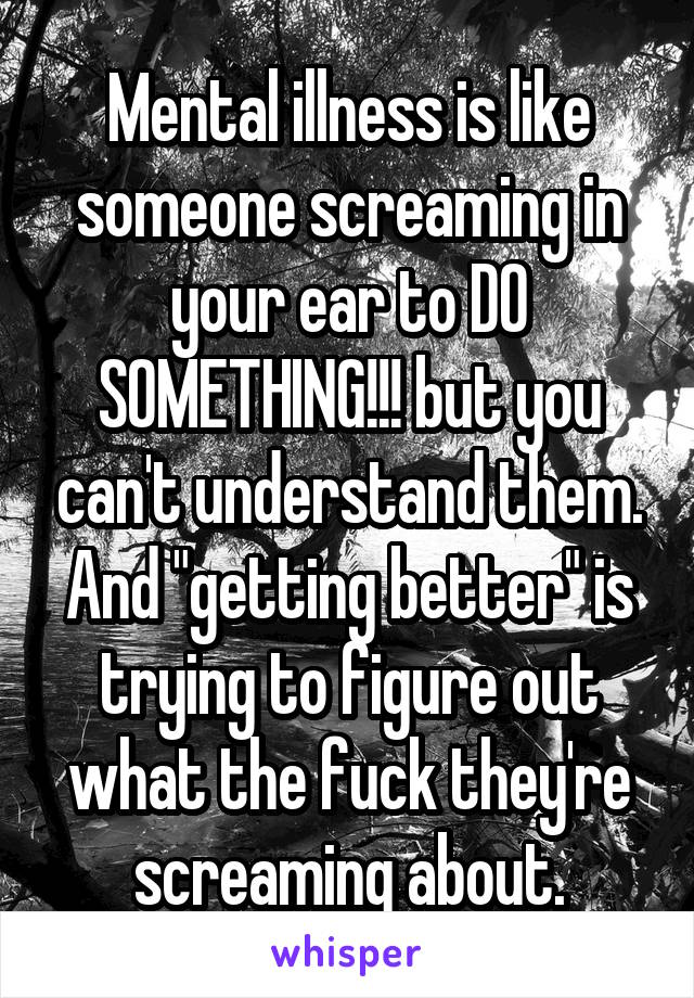 Mental illness is like someone screaming in your ear to DO SOMETHING!!! but you can't understand them. And "getting better" is trying to figure out what the fuck they're screaming about.