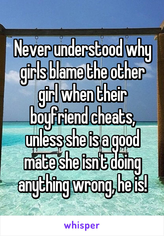 Never understood why girls blame the other girl when their boyfriend cheats, unless she is a good mate she isn't doing anything wrong, he is!