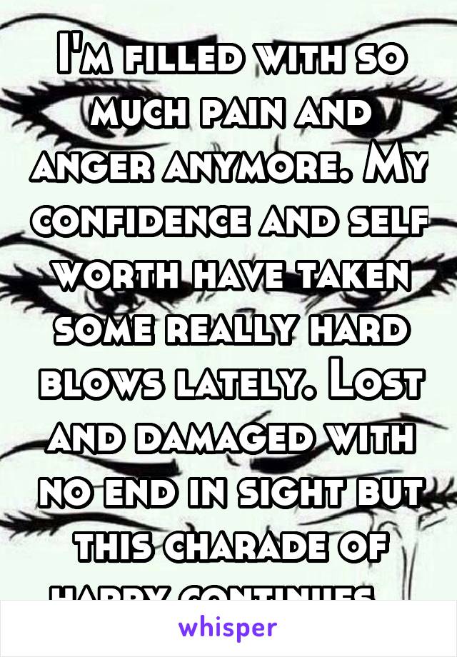 I'm filled with so much pain and anger anymore. My confidence and self worth have taken some really hard blows lately. Lost and damaged with no end in sight but this charade of happy continues...