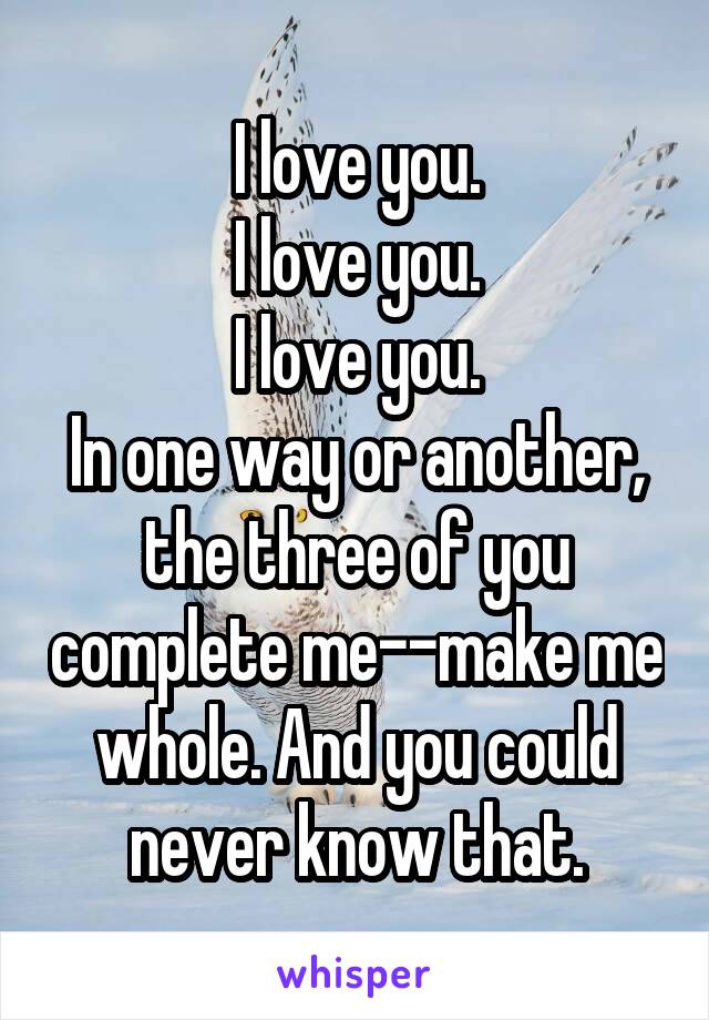 I love you.
I love you.
I love you.
In one way or another, the three of you complete me--make me whole. And you could never know that.