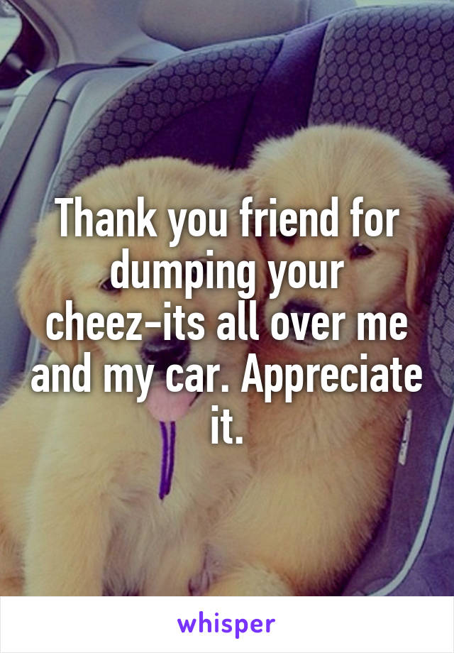 Thank you friend for dumping your cheez-its all over me and my car. Appreciate it.