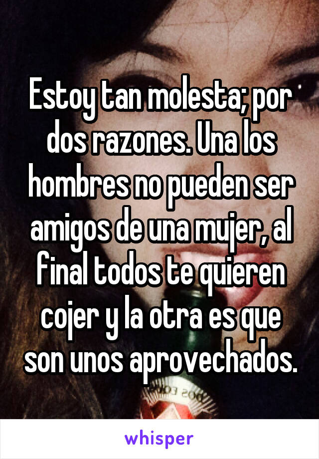 Estoy tan molesta; por dos razones. Una los hombres no pueden ser amigos de una mujer, al final todos te quieren cojer y la otra es que son unos aprovechados.