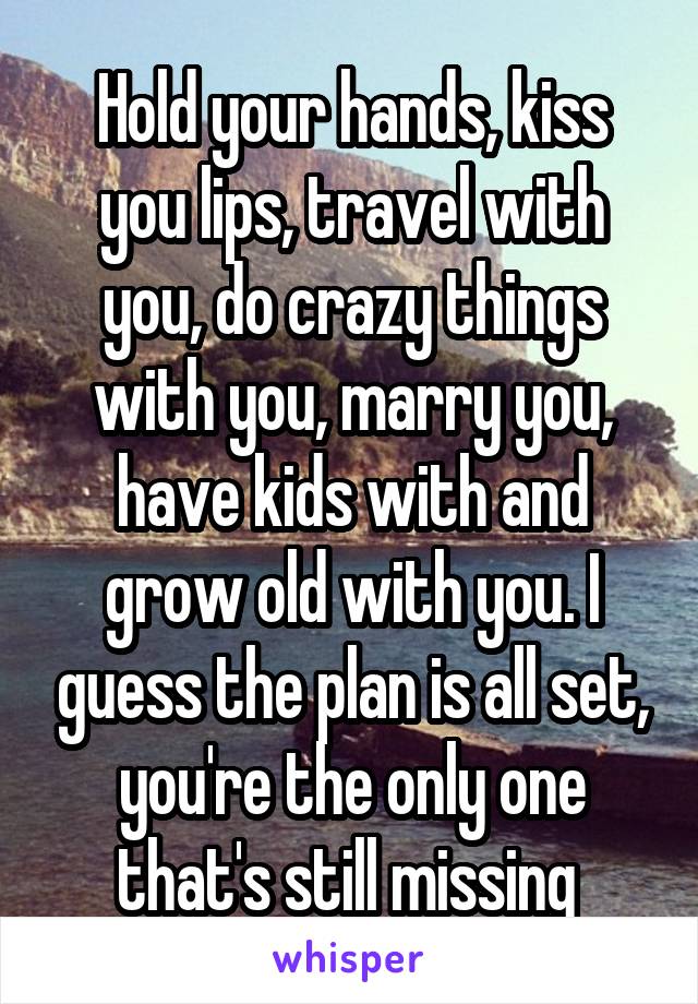 Hold your hands, kiss you lips, travel with you, do crazy things with you, marry you, have kids with and grow old with you. I guess the plan is all set, you're the only one that's still missing 