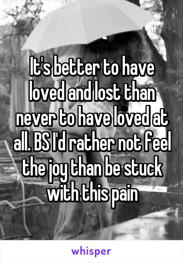 It's better to have loved and lost than never to have loved at all. BS I'd rather not feel the joy than be stuck with this pain