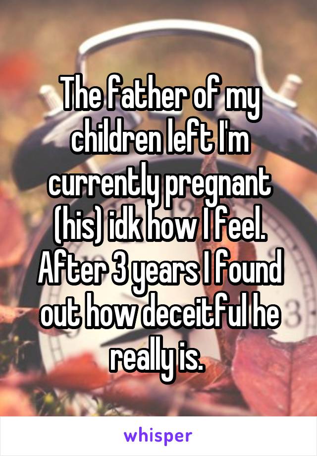 The father of my children left I'm currently pregnant (his) idk how I feel. After 3 years I found out how deceitful he really is. 