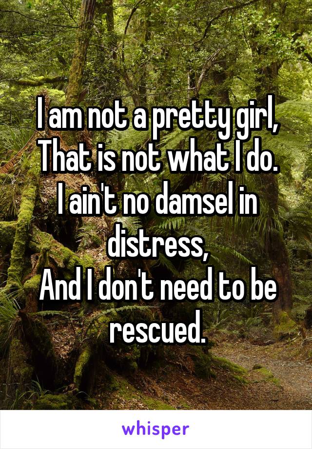 I am not a pretty girl,
That is not what I do.
I ain't no damsel in distress,
And I don't need to be rescued.