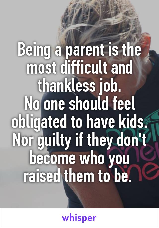 Being a parent is the most difficult and thankless job.
No one should feel obligated to have kids. Nor guilty if they don't become who you raised them to be. 