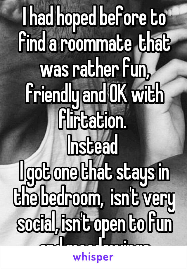 I had hoped before to find a roommate  that was rather fun, friendly and OK with flirtation. 
Instead 
I got one that stays in the bedroom,  isn't very social, isn't open to fun and moodswings