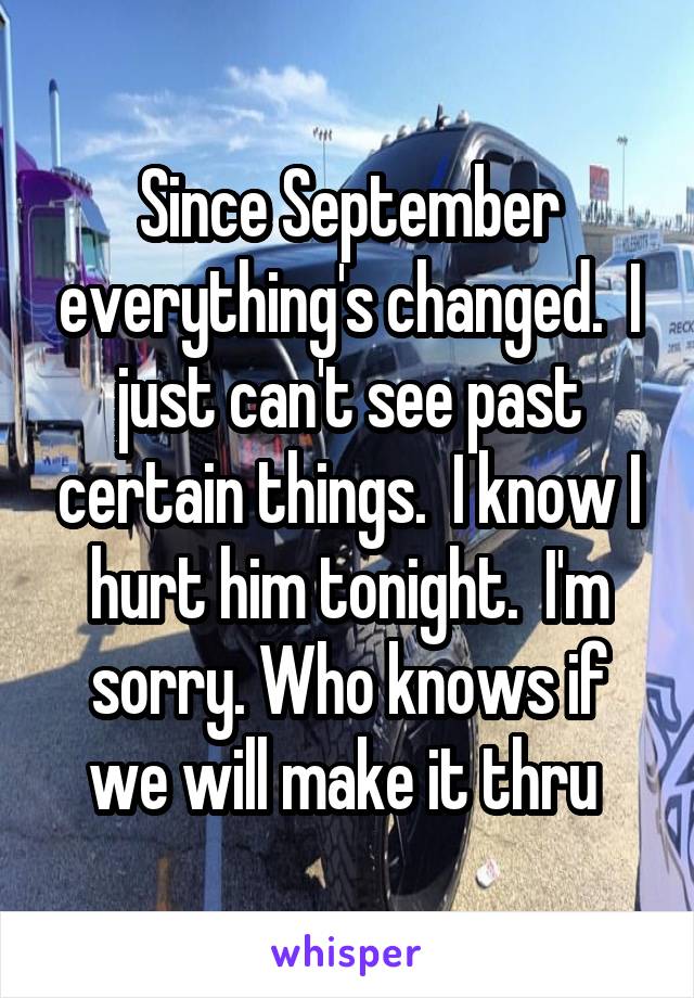 Since September everything's changed.  I just can't see past certain things.  I know I hurt him tonight.  I'm sorry. Who knows if we will make it thru 